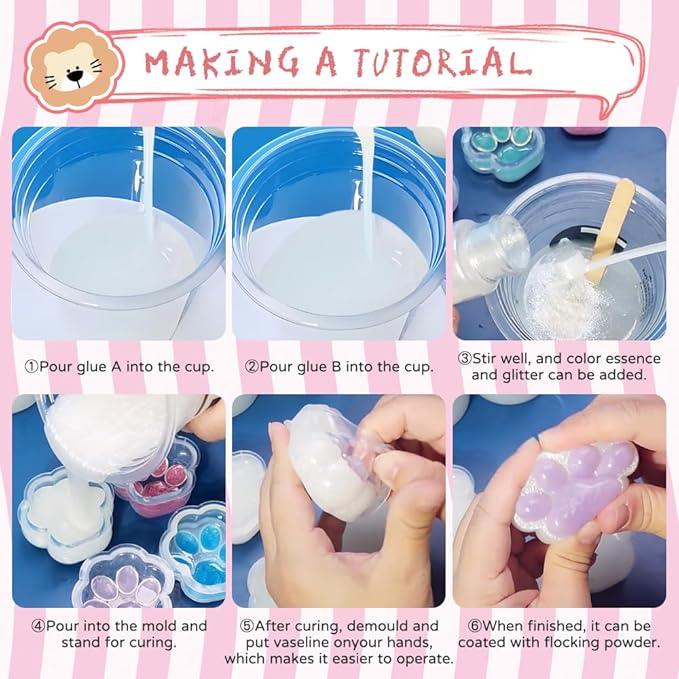 Anergoo Taba Squishy Making Kit - DIY Squishy Maker with 3" Paw Animal Silicone Molds, Liquid Gel & Flocking - Create Cute Squishies Adults 200g