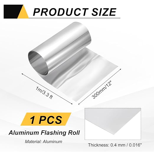 uxcell Aluminum Flashing Roll, 12in x 3.3ft Metal Roof Panels 0.4mm Waterproof Aluminum Sheet Roll for House Repair, Roof Flashing, Sealing Windows Doors, DIY Projects