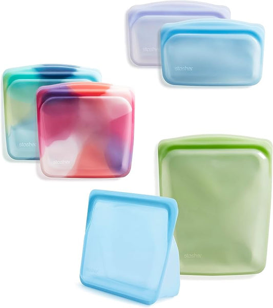 Stasher Silicone Reusable Food Storage Bags, 6-Pack, Reusable Freezer Bags, Microwave, Dishwasher, Oven Safe, Sous Vide, Premium Lunch Containers, Eco Friendly, Food-safe Silicone Snack Bag, Tie Dye | Reusable Food Bag