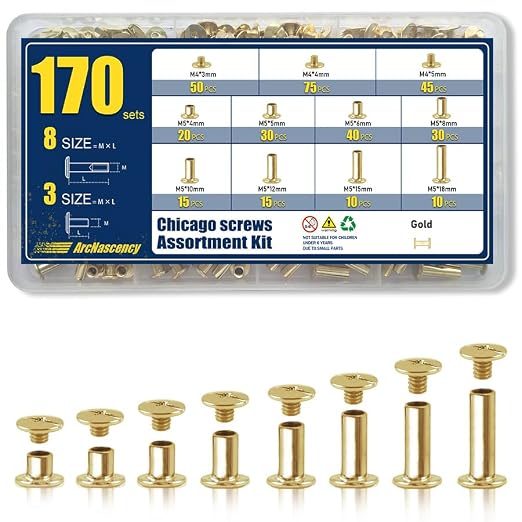 170 Sets Gold Chicago Screws Leather Rivets Kit, 8 Sizes (M5*4,5,6,8,10,12,15,18) & 3 Screw Lengths (M4*3,4,5) for Belts, Bookbinding, DIY Leather (Gold)