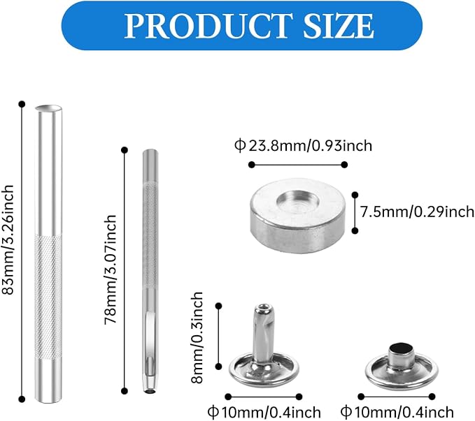 100 Sets Leather Rivets 8x10mm Double Cap Rivets Snaps Metal Studs Fasteners with 3pcs Setting Tools for Leather Craft DIY Repair Decoration, Silver Tone