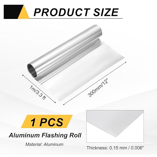 uxcell Aluminum Flashing Roll, 12in x 3.3ft Metal Roof Panels 0.15mm Waterproof Aluminum Sheet Roll for House Repair, Roof Flashing, Sealing Windows Doors, DIY Projects
