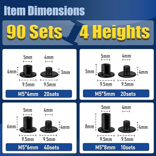 90 Sets Matte Black Chicago Screws for Leather, Leather Rivets Kit, 4 Sizes(M5x4,5,6,8mm)& 2 Screw Lengths (M4x3,4mm).,True Deep Black Chicago Screw for Belts and DIY Crafting