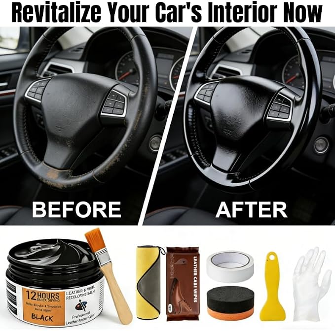 Leather Recoloring Balm 3.53Oz, 12H Quick-Dry Leather Vinyl Repair Cream Kit for Furniture, Couches & Car Seats- Restore Scratched, Faded, & Damaged Surfaces, Waterproof Restorer, Black
