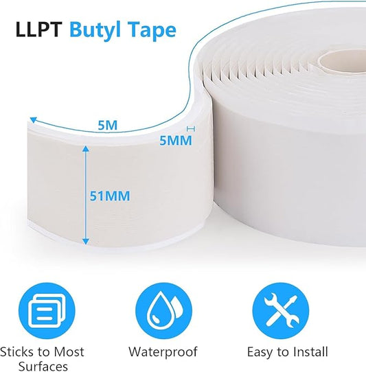 LLPT Butyl Tape White 2 Inch x 16.5 Feet 5mm Thickness Water Tight Seal for Leak Proof EPDM RV Repair Window Glass Boat Sealing Roof Pipe Patching(WST5105)