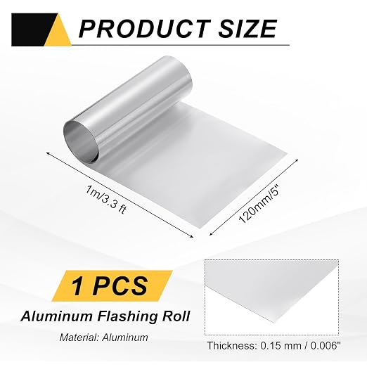 uxcell Aluminum Flashing Roll, 5in x 3.3ft Metal Roof Panels 0.15mm Waterproof Aluminum Sheet Roll for House Repair, Roof Flashing, Sealing Windows Doors, DIY Projects