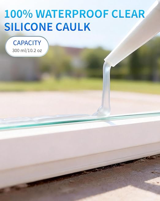 Silicone Caulk & Sealant Clear, 100% Waterproof Silicone Sealant, Shrink & Crack Proof, Silicone Caulking for Kitchen, Bathroom, RV, Interior & Exterior Use, 10.2 FL. OZ/300ML, 4 Pack