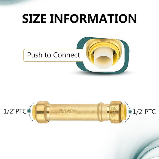 5 PCS Niikappu 1/2 Inch Push-Fit Slip/Repair Coupling, No Lead Brass Push-to-Connect Plumbing Fittings for PEX, Copper, CPVC, PE-RT Pipes, with a Disconnect Clip