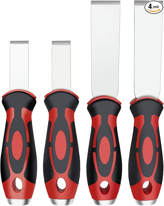 ROTATION Extra Thick Scraper Set, 4 piece, Soft Grip, Heavy Duty, Scraper with Hammer End, Stainless Steel Putty Knife