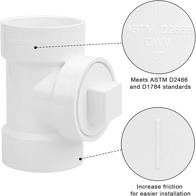 3IN PVC DWV Cleanout Tee with Plug Pipe Fitting (Socket x Socket x FPT) SCH40 3IN DWV PVC Sewer Cleanout Tee with NPT Female Cap Cover for pipe, Drain, Waste, Vent
