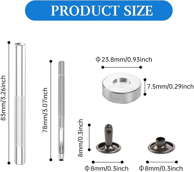 100 Sets Leather Rivets 8x8mm Double Cap Rivets Snaps Metal Studs Fasteners with 3pcs Setting Tools for Leather Craft DIY Repair Decoration, Gunmetal