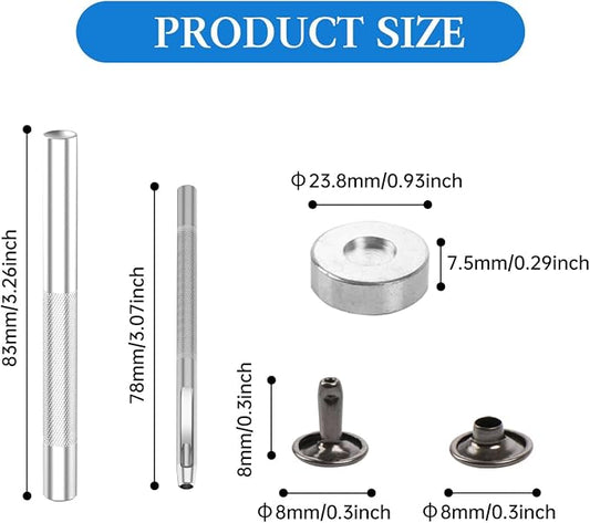 100 Sets Leather Rivets 8x8mm Double Cap Rivets Snaps Metal Studs Fasteners with 3pcs Setting Tools for Leather Craft DIY Repair Decoration, Gunmetal