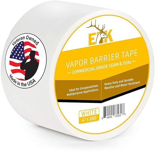 ELK Vapor Barrier Tape - 4” x 180ft - PE 7mm Polyethylene Seam Tape - Moisture Barrier Seam & Seal for Crawlspace Encapsulations or Waterproof Marine Tape - White