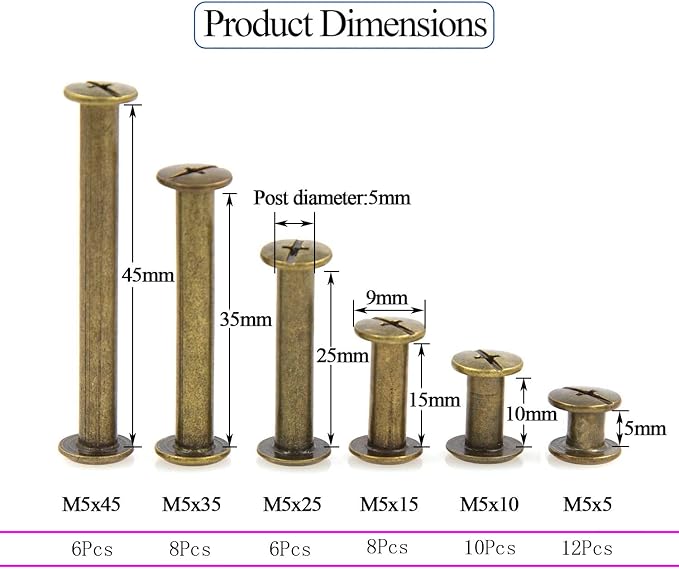 100 Pcs (50 Pair) Bronze Phillips Chicago Binding Screws Assorted Kits,6 Sizes of Flat Head Rivet Hollow Binding Screws Posts, for Leather Saddles Purses Belt Repair（M5 x 5/10/15/25/35/45）