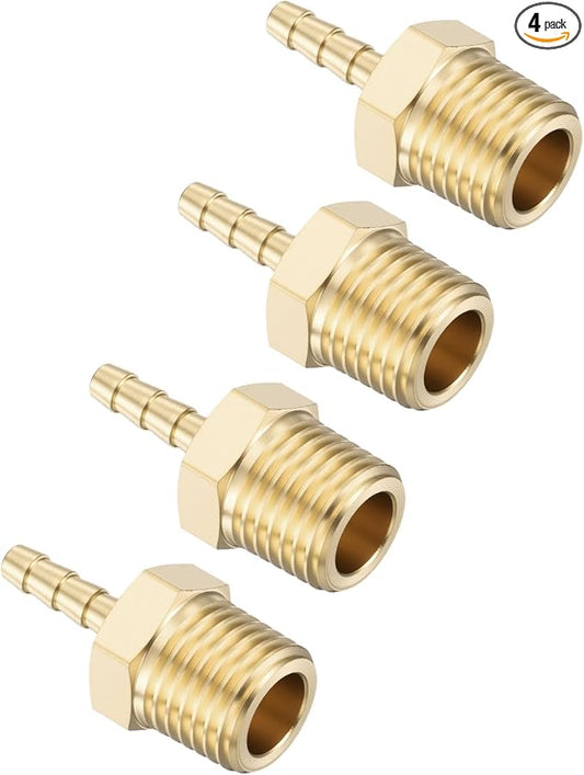 Pack of 4 Brass Hose Barb Fittings Adapter Connector 5/32" Hose Barb to 1/4" NPT Male Fittings for Home Machines, Massage Bathtubs, and Irrigation Systems