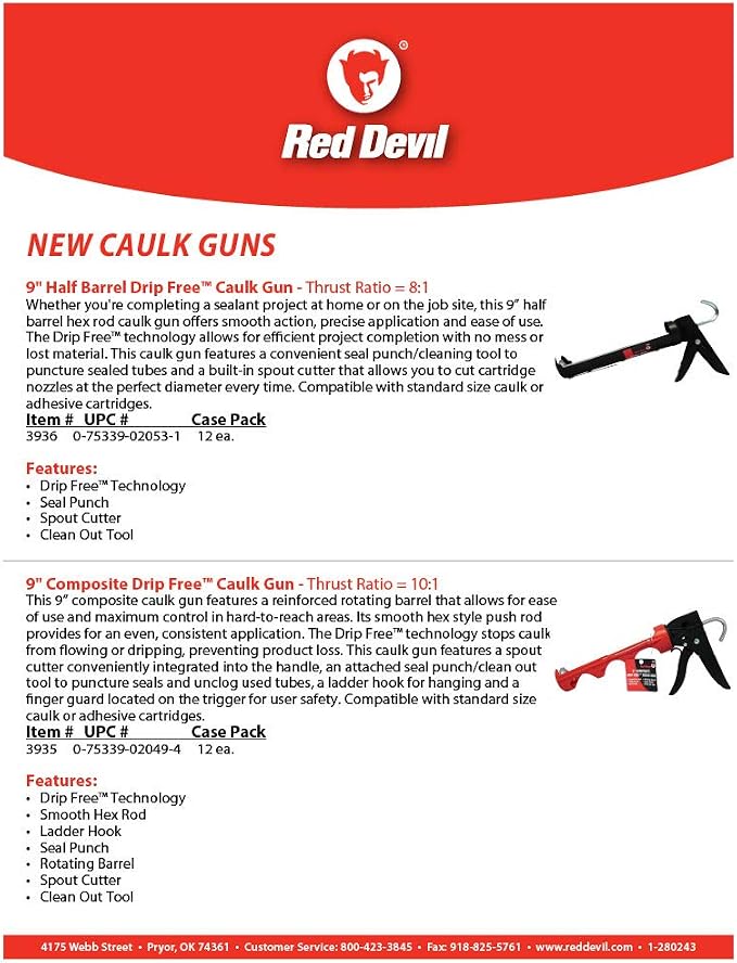 Red Devil 3935 9" Composite Drip Free Caulk Gun - Thrust Ratio 10:1
