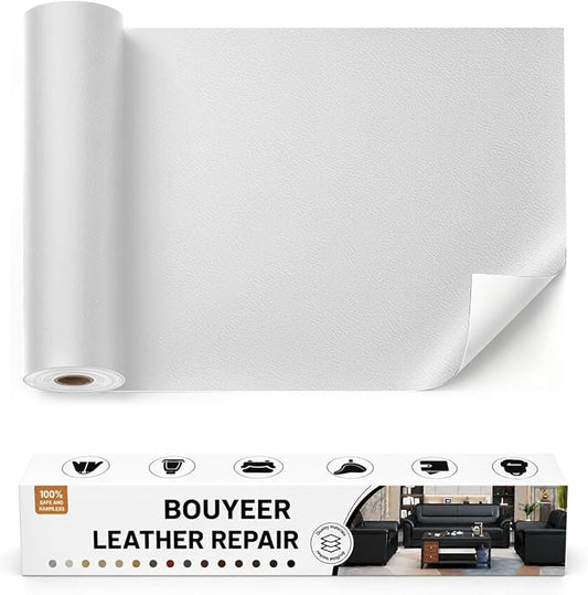 BOUYEER Leather Repair Patch Tape Kit,Self Adhesive Leather Repair for Sofa，Car Seat,Office Chair,Furniture,Jacket,Waterproof Strong Adhesive Vinyl Repair Kit. 16 in x 31 in,Fine Grained White