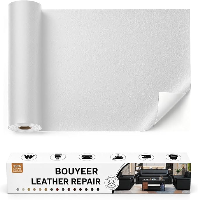 BOUYEER Leather Repair Patch Tape Kit,Self Adhesive Leather Repair for Sofa，Car Seat,Office Chair,Furniture,Jacket,Waterproof Strong Adhesive Vinyl Repair Kit. 17 in x 79 in,Fine Grained White