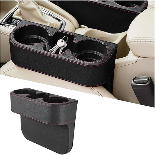 Car Gap Filler Organizer, Multifunctional Leather Console Side Crevice Blocker Storage Box with Cup Holder, Auto Seat Gap Stopper Organizer for Keys, Phones, Glasses, Universal Fit (Black)