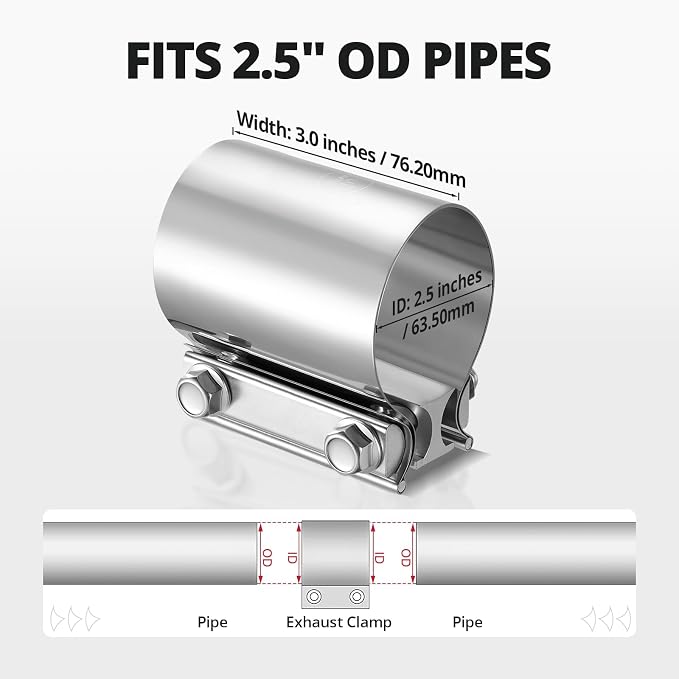 EVIL ENERGY 2.5 inch Exhaust Clamp, 2 1/2" Butt Joint Band Clamp Sleeve Coupler Stainless Steel for Pipes,Mufflers,Catalytic Converters (1PC, 2.5 in)