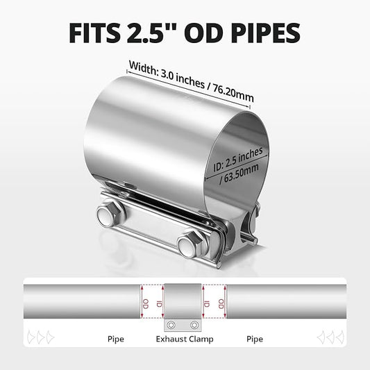 EVIL ENERGY 2.5 inch Exhaust Clamp, 2 1/2" Butt Joint Band Clamp Sleeve Coupler Stainless Steel for Pipes,Mufflers,Catalytic Converters (1PC, 2.5 in)