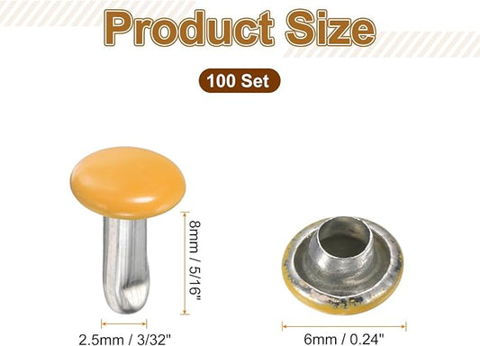 HARFINGTON 100 Sets Double Cap Leather Rivets, 6x8mm Round Cap Tubular Metal Studs Leather Crafting Rivets for Fabric Belt Pet Collar Boot Bag Repair and Decoration, Yellow