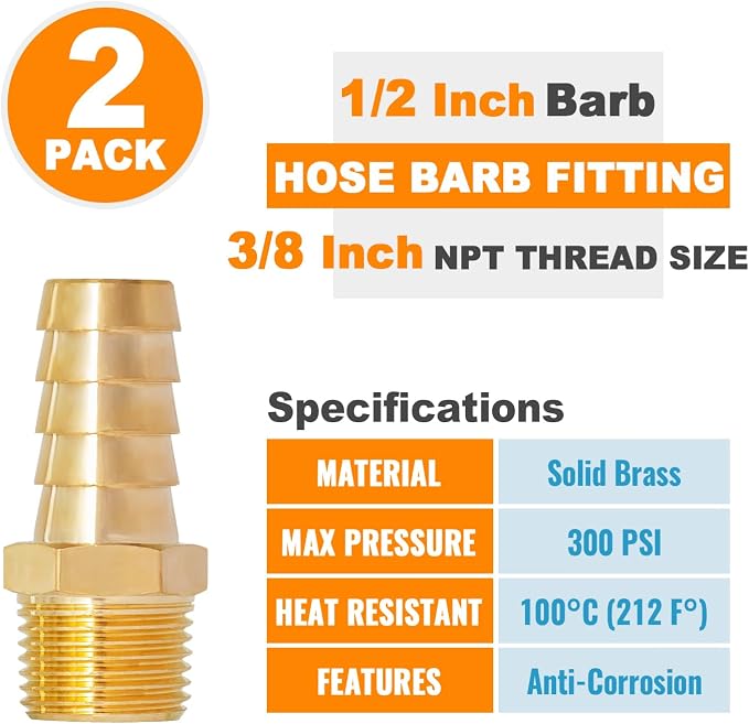 SUNGATOR Hose Barb Fittings 1/2 Inch Barb × 3/8 Inch NPT, Brass Air Hose Fittings, 1/2" to 3/8" NPT Male Air Line Repair Connector Kit, Brass Male Thread Pipe Adapter (2 Pack)