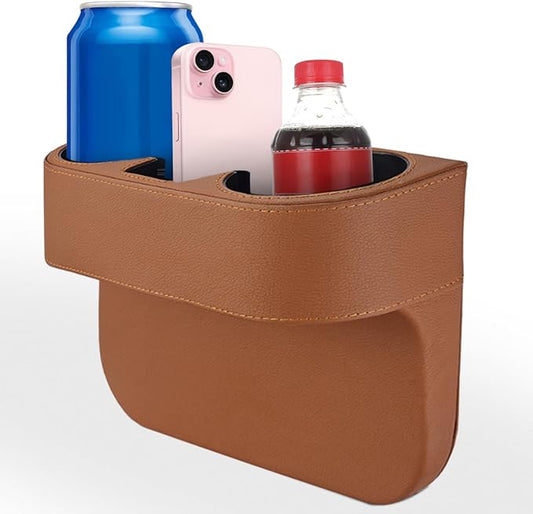 KITUREK Car Cup Holder, PU Leather Cover Auto Front Seat Organizer, Brown | Multifunctional Cup Drink Holder, Gap Filler Coin Bucket Storage Box, Console Side Pocket, Cell Mobile Phone Holder