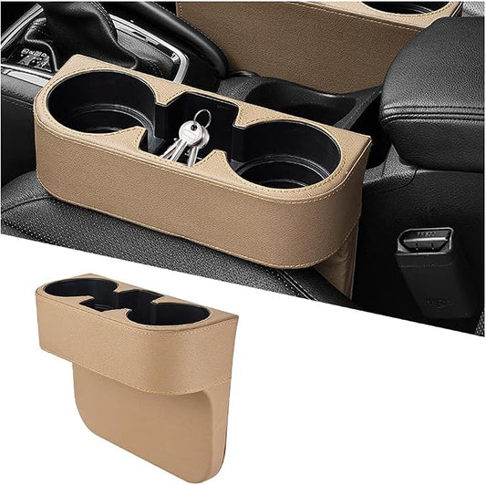 Car Gap Filler Organizer, Multifunctional Leather Console Side Crevice Blocker Storage Box with Cup Holder, Auto Seat Gap Stopper Organizer for Keys, Phones, Glasses, Universal Fit (Beige)