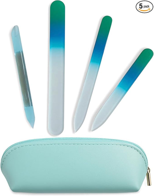 Alban Czech Glass Nail File Set with Manicure Stick & Vegan Leather Cosmetic Case (Green-Blue Nail Files, Light Blue Manicure Stick & Cosmetic Case)