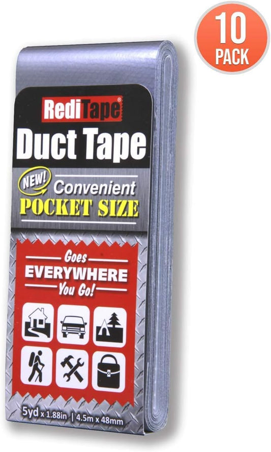 Travel Size Pocket Duct Tape 10-Pack | 1.88 inches x 5 Yards per Flat Pack (10-Pack, Silver)