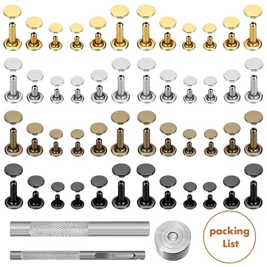 Selizo 480 Sets Small Double Cap Leather Rivets 4 Colors 3 Sizes (Cap Diameter: 6mm/8mm/8mm) Tubular Metal Studs with 3 Pieces Setting Tool Kit for Leather Craft Repairs Decoration