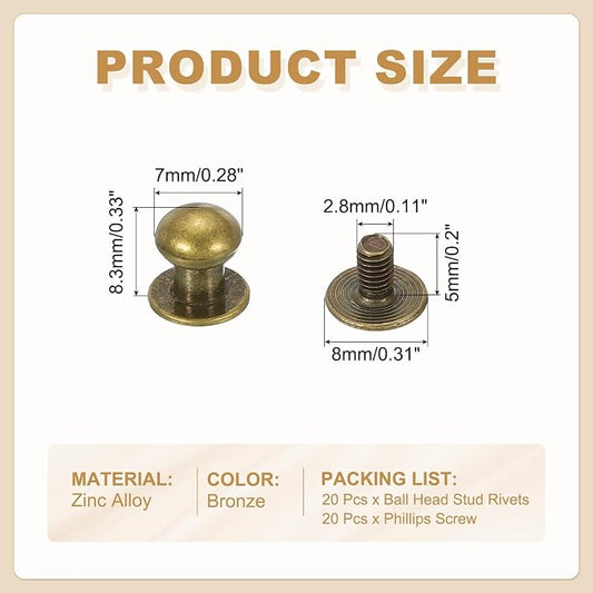 PATIKIL 7 mm Leather Rivets, 20 Sets Ball Head Stud Screw Back Round Head Button Chicago Screw Nipple Stud Rivet for Leather DIY Craft Handbag Belt Repairs, Bronze