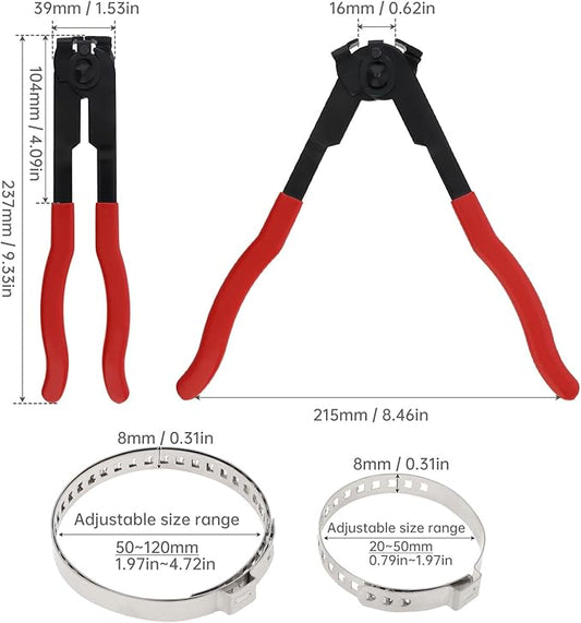 CV Boot Clamp Pliers with 10PCS Stainless Steel Crimp Bands, 5PCS Small and 5PCS Large Universal Adjustable Drive Shaft Joint Boot Crimp Clamps, Boots Clamp Tool Repair for Most Cars