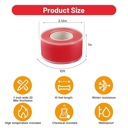 2-Pack Red Rubber Splicing Tape (20 Ft Total) - Self Fusing Emergency Repair Tape for Wiring & Marking - Non-Slip Silicone Grip for Handlebars - Easy-Peel Liner, 1 Inch x 10 Feet