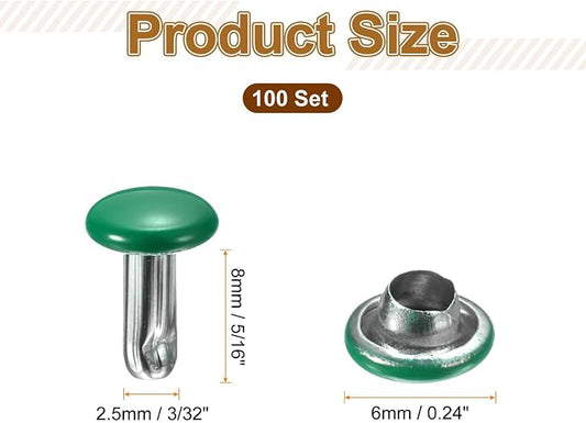 HARFINGTON 100 Sets Double Cap Leather Rivets, 6x8mm Round Cap Tubular Metal Studs Leather Crafting Rivets for Fabric Belt Pet Collar Boot Bag Repair and Decoration, Green