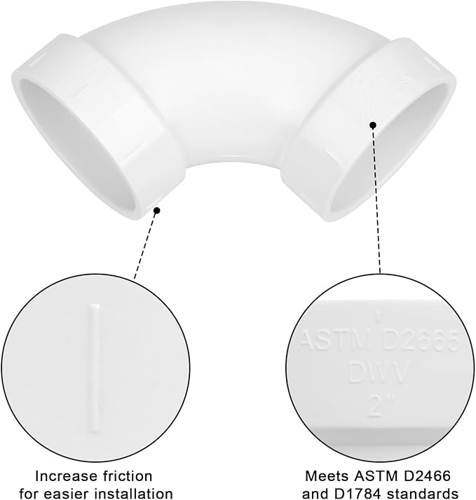 4Pack 2" PVC DWV Sanitary 90-Degree Elbow (Socket x Socket) White SCH40 2" PVC DWV 90° Elbow Pipe Fittings Connectors for Drain, Waste, Vent