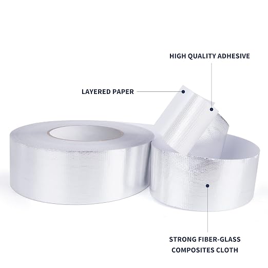TAPEBEAR Fiberglass Aluminized Foil Tape 4inch x 65Yards, Heat Shield Thermal Barrier Adhesive Backed Heat Reflective Tape Cool Tape for Air Dryer Vent, HVAC, Heating Unit, Auto, Pipe, 196Ft