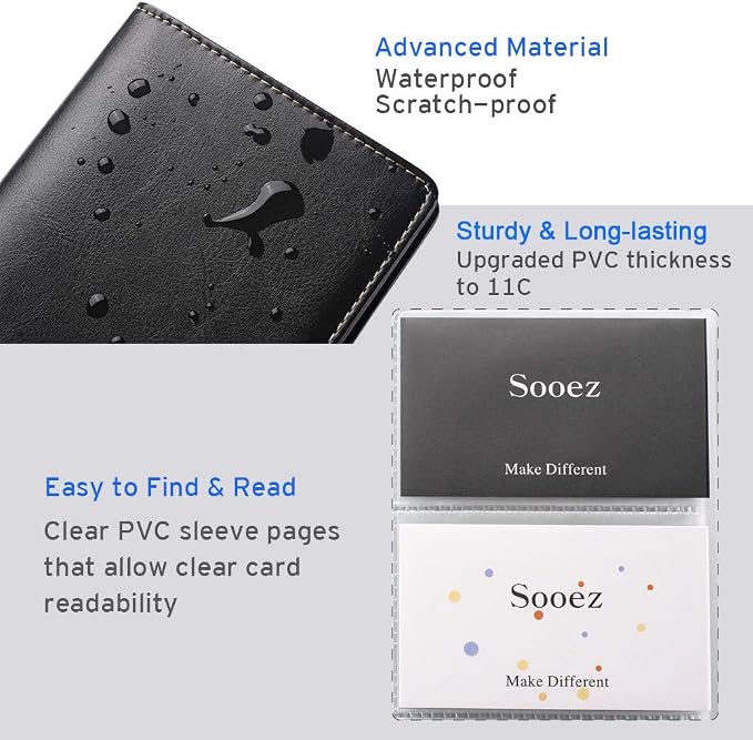 Sooez Leather Professional Business Card Book Holder Organizer, 240 Capacity Credit Card Booklet, PU Name Cards Holder Storage File for Men Women, 7.7"x 4.5" x 0.7", Dark Blue