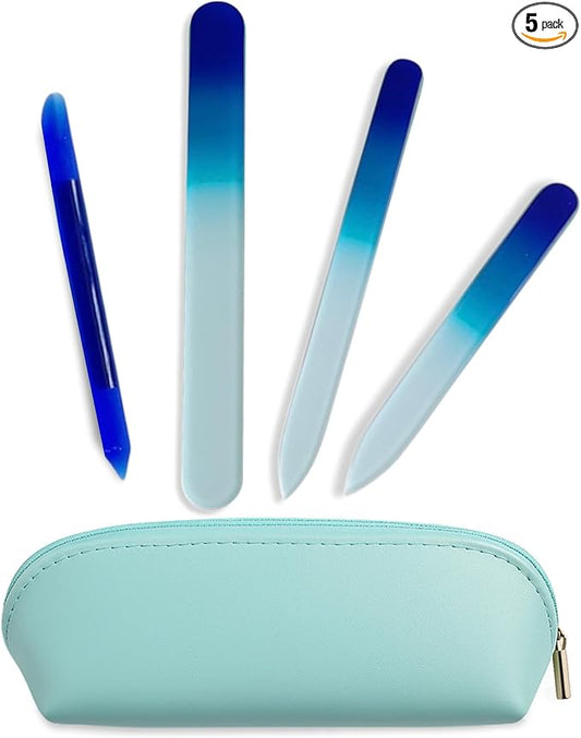 Alban Czech Glass Nail File Set with Manicure Stick & Vegan Leather Cosmetic Case (Royal Blue Nail Files, Royal Manicure Stick & Light Blue Cosmetic Case)