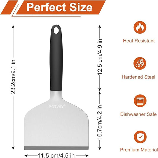 Heavy Duty Griddle Scraper, 4.5" Wide, Sharp Stainless Steel Scraper with Full Tang Silicone Handle, Great BBQ Cleaning Tool for Flat Top Grill & Griddle Cleaning Accessories (1 Pack, Small)