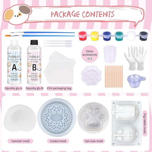 Anergoo Taba Squishes Kit 500g with Pig Bunny Silicone Mold Cookie Mold Squishy Hamster Mold 3" Paw Animal Silicone Molds for Decompression Gift