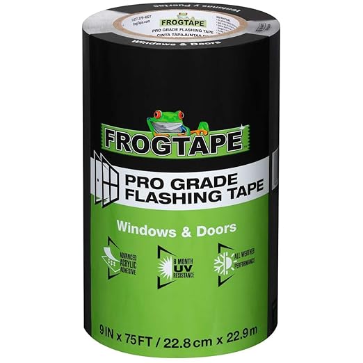 FrogTape Pro Grade Flashing Tape for Windows & Doors, 9 Inch Width - 75 Foot Roll, All Weather & UV Resistant Flashing Tape with Advanced Acrylic Adhesive - 10 mils - Black