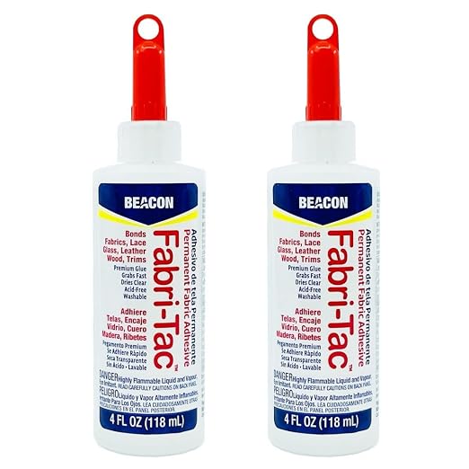 BEACON Fabri-Tac Premium Fabric Glue - Quick Drying, Crystal Clear, Permanent - for Fabrics, Canvas, Lace, Wood and More, 4-Ounce, 2-Pack
