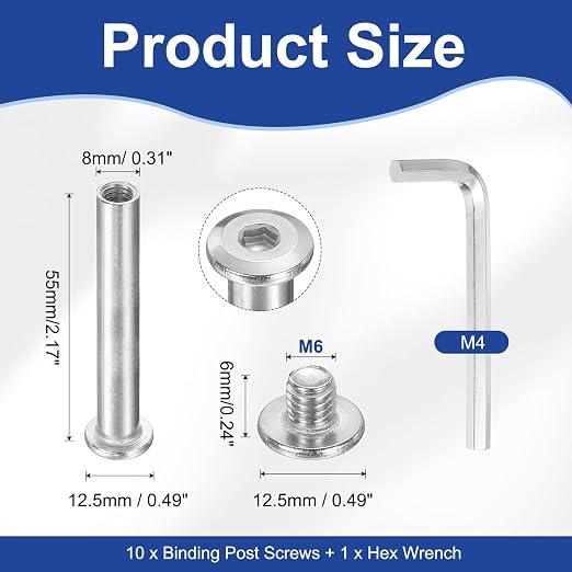 PATIKIL M6x6mm Hex Chicago Screws 8x55mm, 10Pcs 304 Stainless Steel Metric Hex Drive Socket Cap Binding Post Screw Posts for Scrapbook Leather Belt Album Furniture Repair, Silver