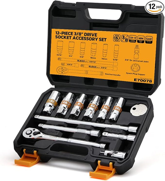 ELEAD 12-Piece 3/8" Drive Spark Plug Socket Set with Ratchet Handle, Universal Joint, Spark Plug Gapper & Extension Bar, 9/16", 5/8", 3/4", 13/16", 14mm, 18mm, CR-V Sockets with Rubber Holding Rings