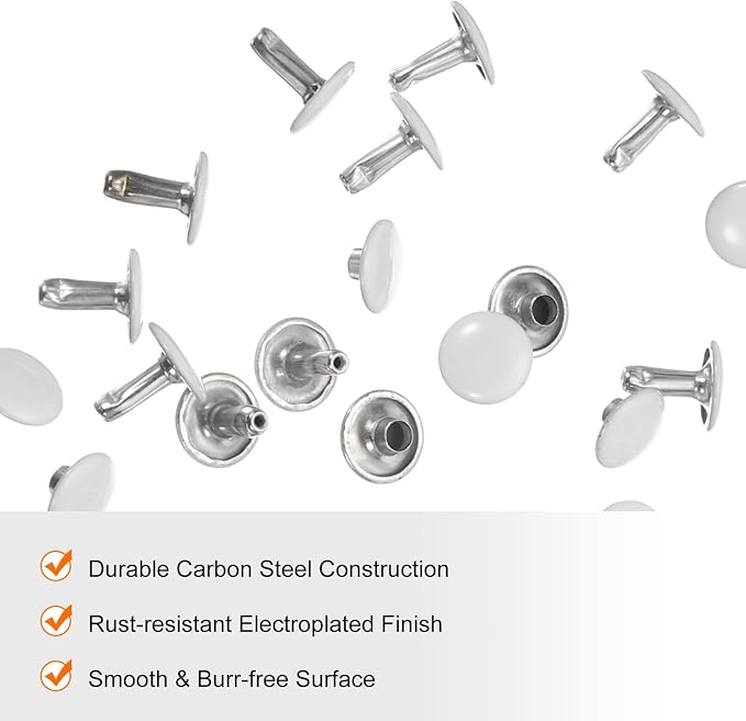 HARFINGTON 100 Sets Double Cap Leather Rivets, 10x10mm Round Cap Tubular Metal Studs Leather Crafting Rivets for Fabric Belt Pet Collar Boot Bag Repair and Decoration, White