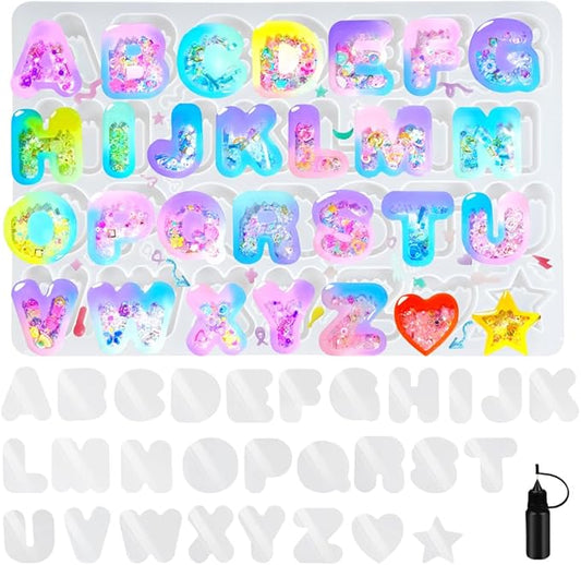 FUNSHOWCASE Alphabet Resin Shaker Molds Kawaii Keychain Charm Set Pack of 58 Silicone Trays Seal Films Precision Tip Applicator Bottle Kit Bundle