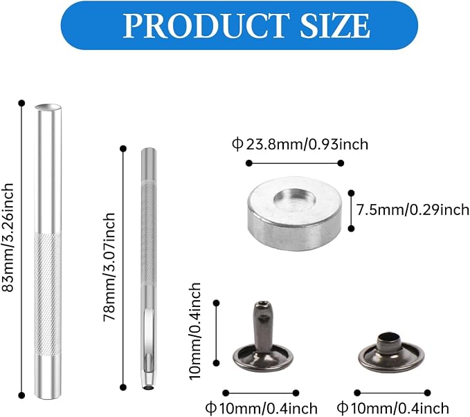 100 Sets Leather Rivets 10x10mm Double Cap Rivets Snaps Metal Studs Fasteners with 3pcs Setting Tools for Leather Craft DIY Repair Decoration, Gunmetal