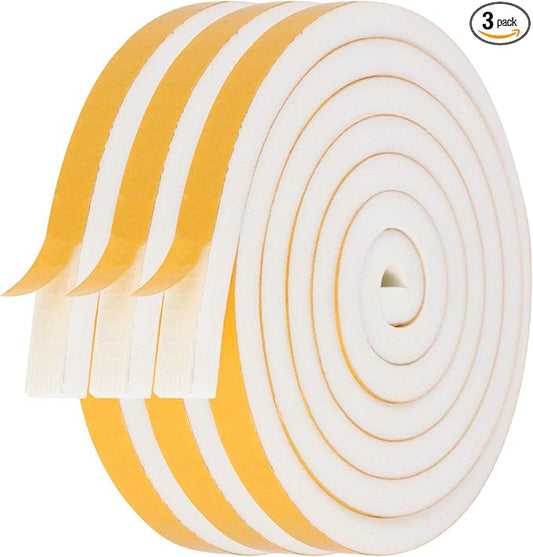 Door Weather Stripping-3 Rolls, 1/2 Inch Wide X 1/2 Inch Thick Total 20 Feet Long, Adhesive Foam Seal Tape for Window Insulation(6.5ft x 3 Rolls)